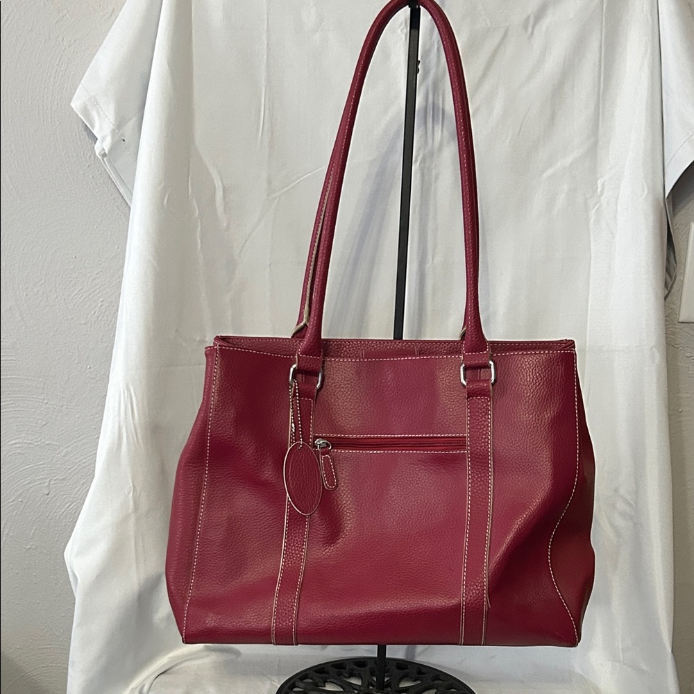 Wilson Genuine Wine/Cranberry & Cream Trim Leather Large Shoulder Bag